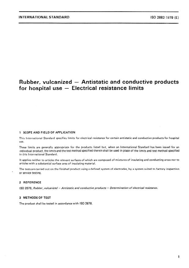 ISO 2882:1979 - Rubber, vulcanized -- Antistatic and conductive products for hospital use -- Electrical resistance limits