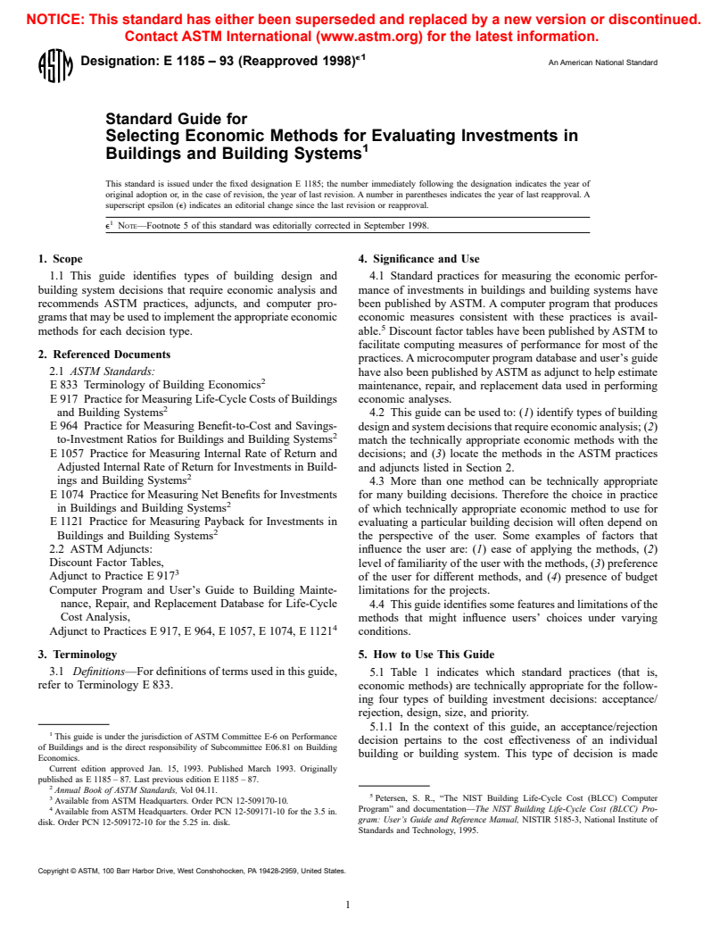 ASTM E1185-93(1998)e1 - Standard Guide for Selecting Economic Methods for Evaluating Investments in Buildings and Building Systems