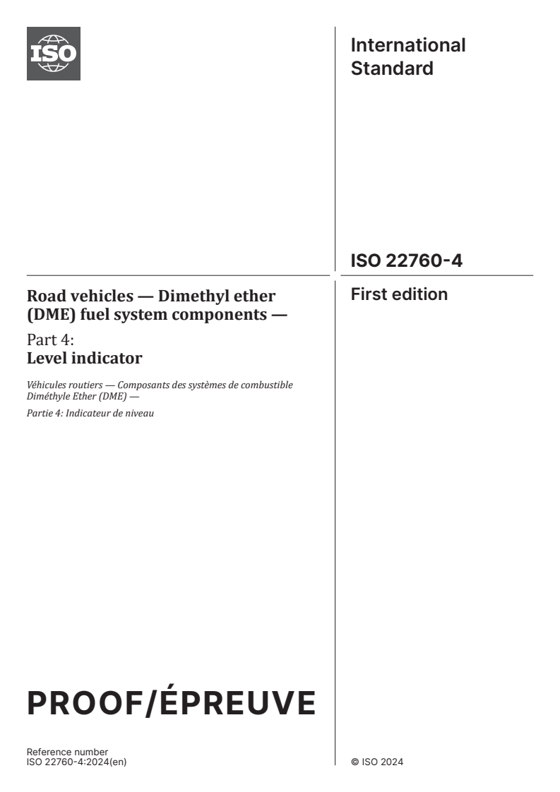 ISO/PRF 22760-4 - Road vehicles — Dimethyl Ether (DME) fuel system components — Part 4: Level indicator
Released:13. 03. 2024