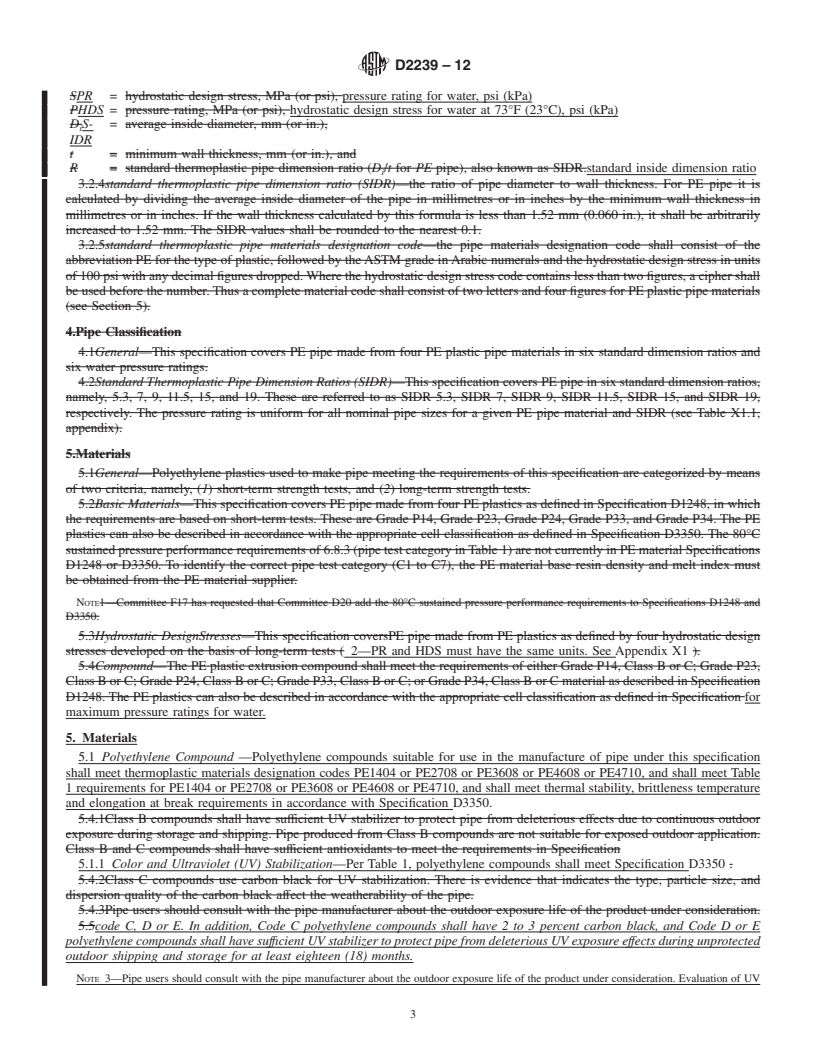 REDLINE ASTM D2239-12 - Standard Specification for  Polyethylene (PE) Plastic Pipe (SIDR-PR) Based on Controlled Inside Diameter