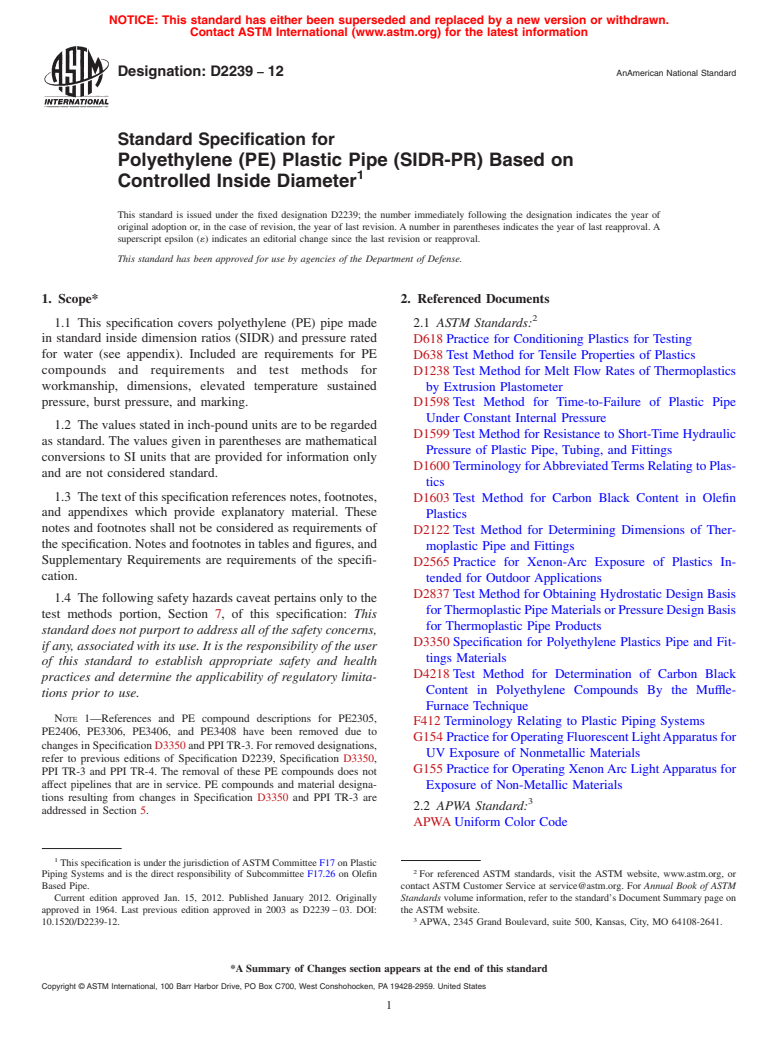 ASTM D2239-12 - Standard Specification for  Polyethylene (PE) Plastic Pipe (SIDR-PR) Based on Controlled Inside Diameter