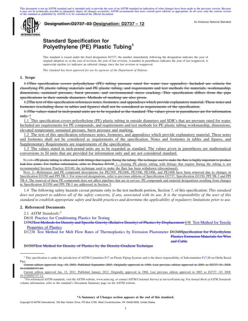 REDLINE ASTM D2737-12 - Standard Specification for  Polyethylene (PE) Plastic Tubing