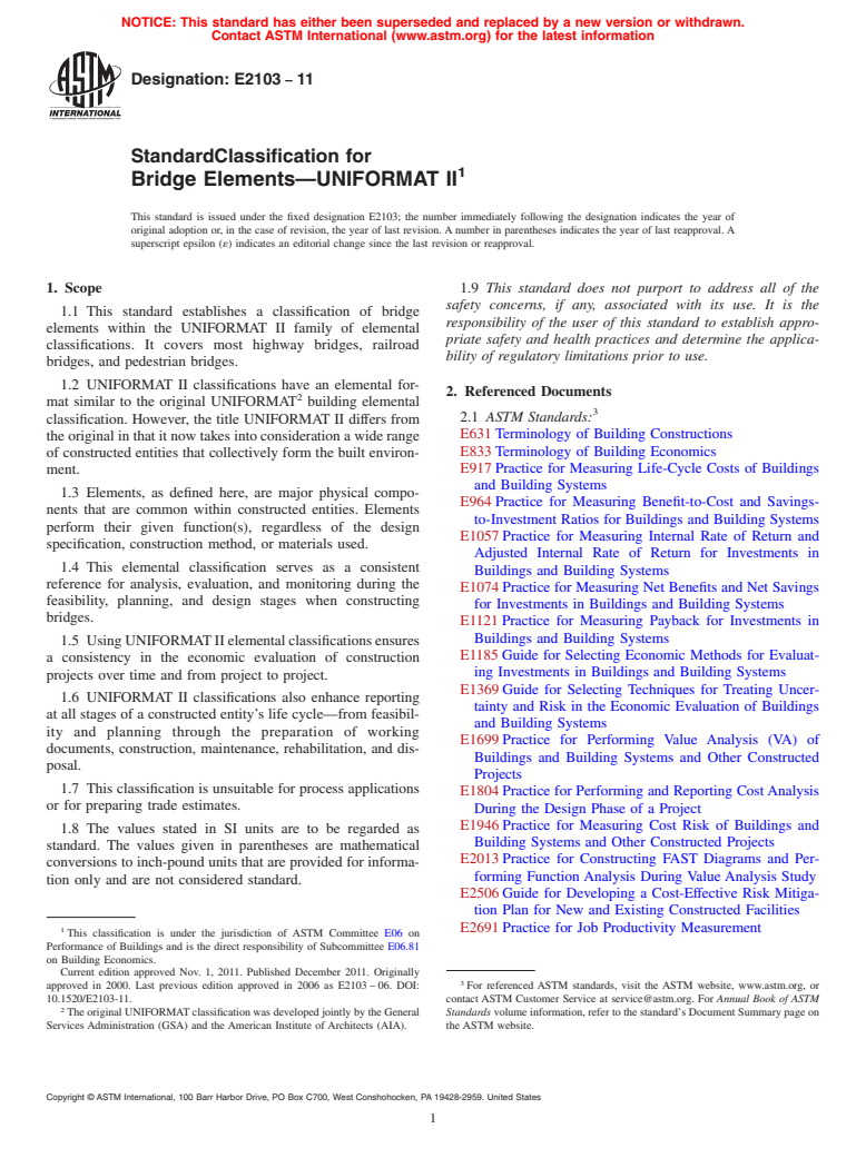ASTM E2103-11 - Standard Classification for Bridge Elements&mdash;UNIFORMAT II