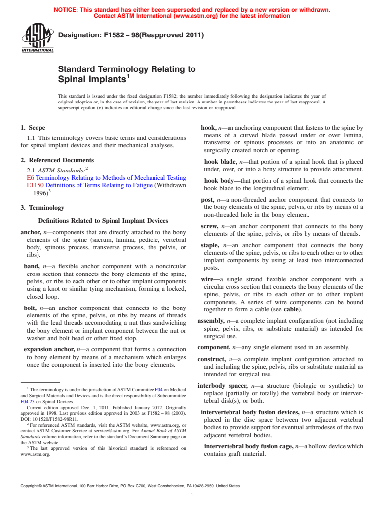 ASTM F1582-98(2011) - Standard Terminology Relating to  Spinal Implants