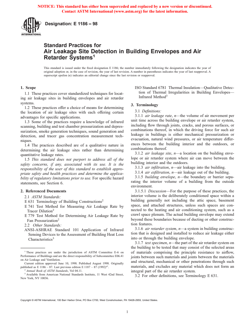 ASTM E1186-98 - Standard Practices for Air Leakage Site Detection in Building Envelopes and Air Retarder Systems