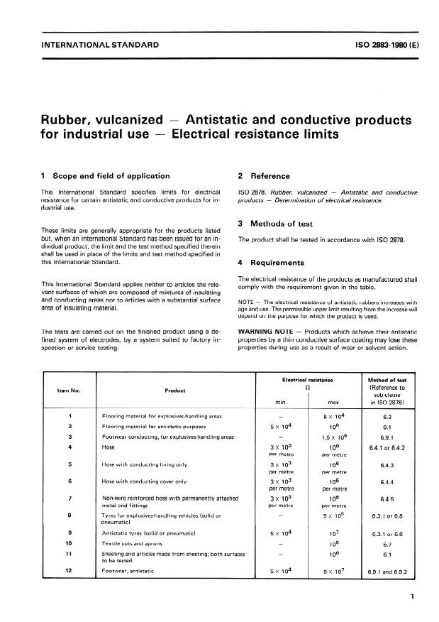 ISO 2883:1980 ISO 2883:1980 - Rubber, vulcanized -- Antistatic and conductive products for industrial use -- Electrical resistance limits - Page 3 preview