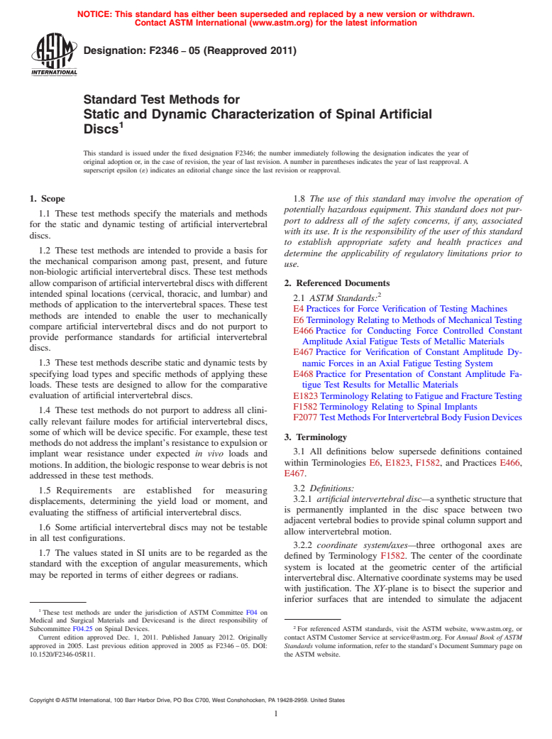 ASTM F2346-05(2011) - Standard Test Methods for Static and Dynamic Characterization of Spinal Artificial Discs