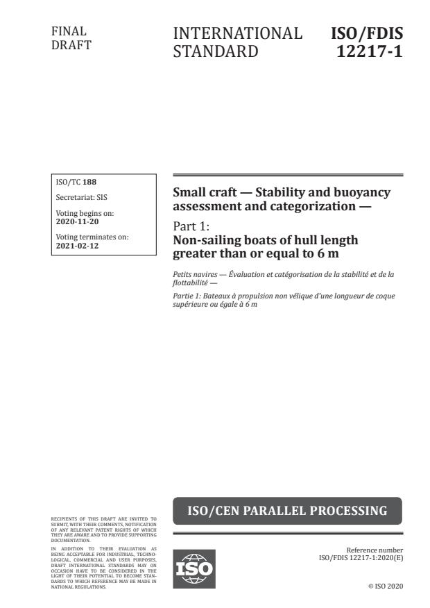 ISO/FDIS 12217-1 - Small craft -- Stability and buoyancy assessment and categorization
