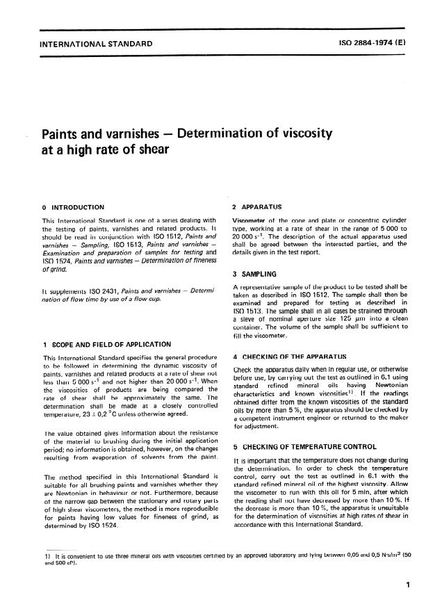 ISO 2884:1974 - Paints and varnishes -- Determination of viscosity at a high rate of shear