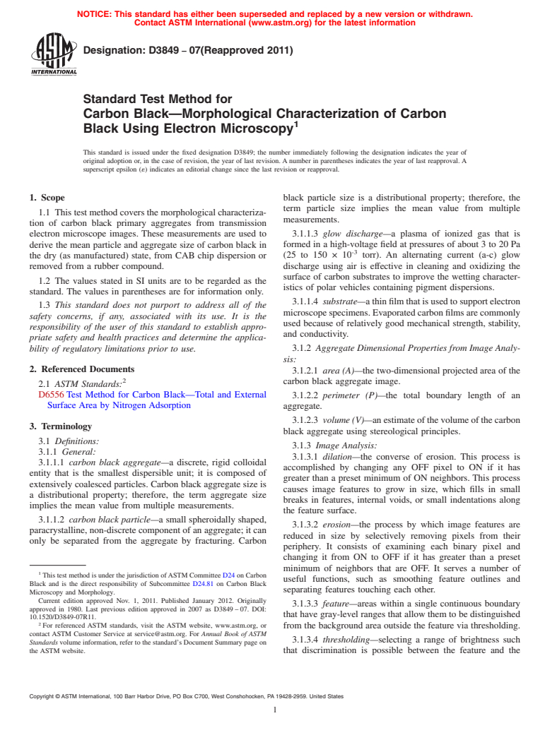 ASTM D3849-07(2011) - Standard Test Method for Carbon Black&mdash;Morphological Characterization of Carbon Black Using Electron Microscopy