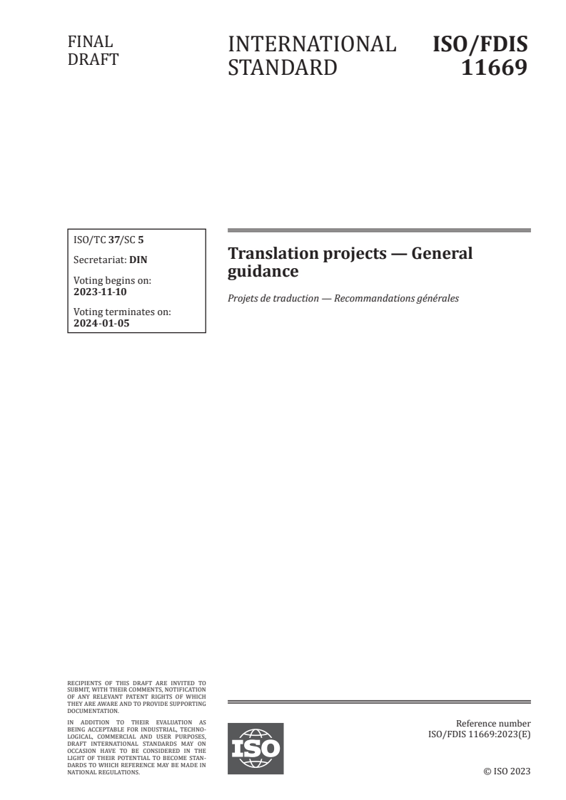 ISO/FDIS 11669 - Translation projects — General guidance
Released:27. 10. 2023