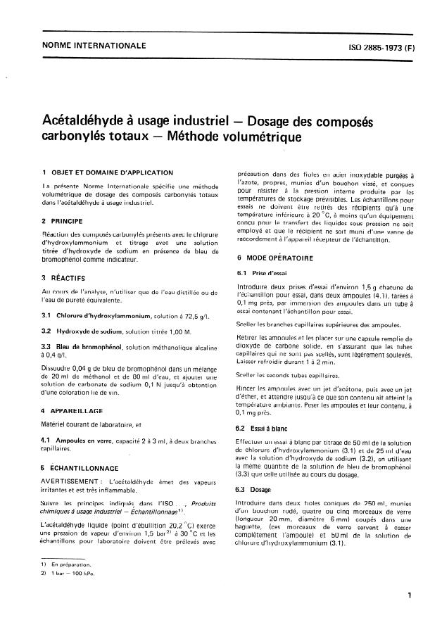 ISO 2885:1973 - Acétaldéhyde a usage industriel -- Dosage des composés carbonylés totaux -- Méthode volumétrique