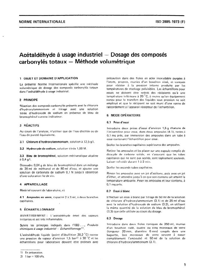 ISO 2885:1973 - Acétaldéhyde a usage industriel -- Dosage des composés carbonylés totaux -- Méthode volumétrique