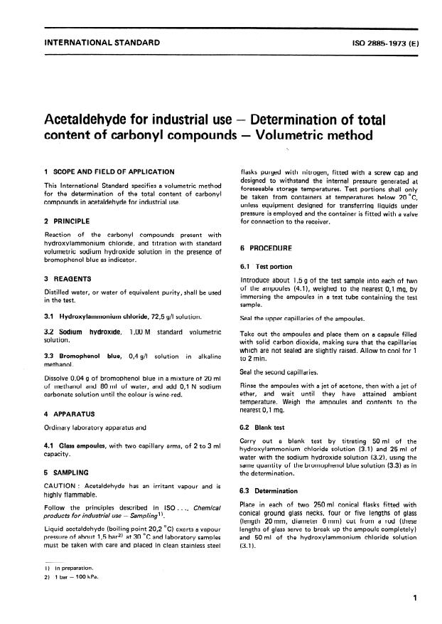 ISO 2885:1973 - Acetaldehyde for industrial use -- Determination of total content of carbonyl compounds -- Volumetric method