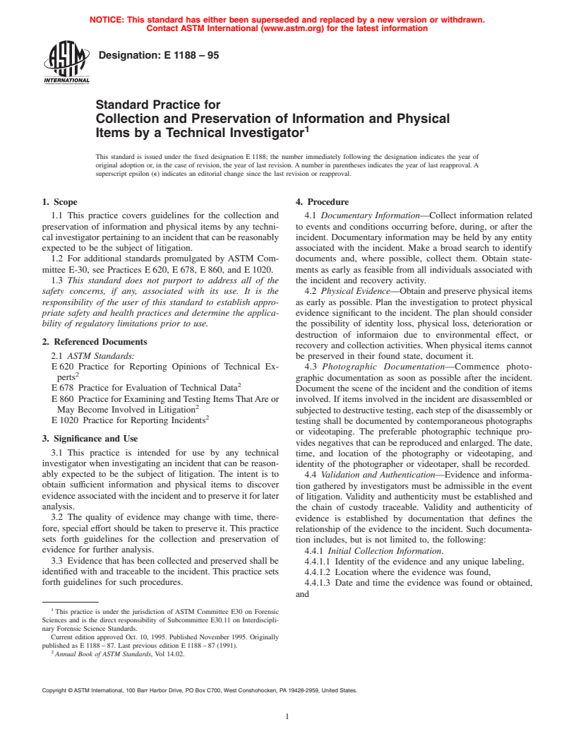 ASTM E1188-95 - Standard Practice for Collection and Preservation of Information and Physical Items by a Technical Investigator