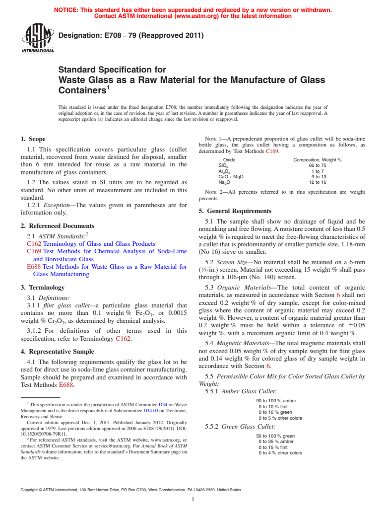 ASTM E708-79(2011) - Standard Specification for  Waste Glass as a Raw Material for the Manufacture of Glass Containers