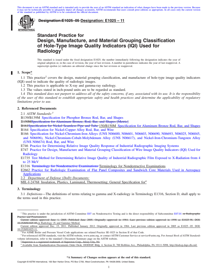 REDLINE ASTM E1025-11 - Standard Practice for  Design, Manufacture, and Material Grouping Classification of Hole-Type Image Quality Indicators (IQI) Used for Radiology