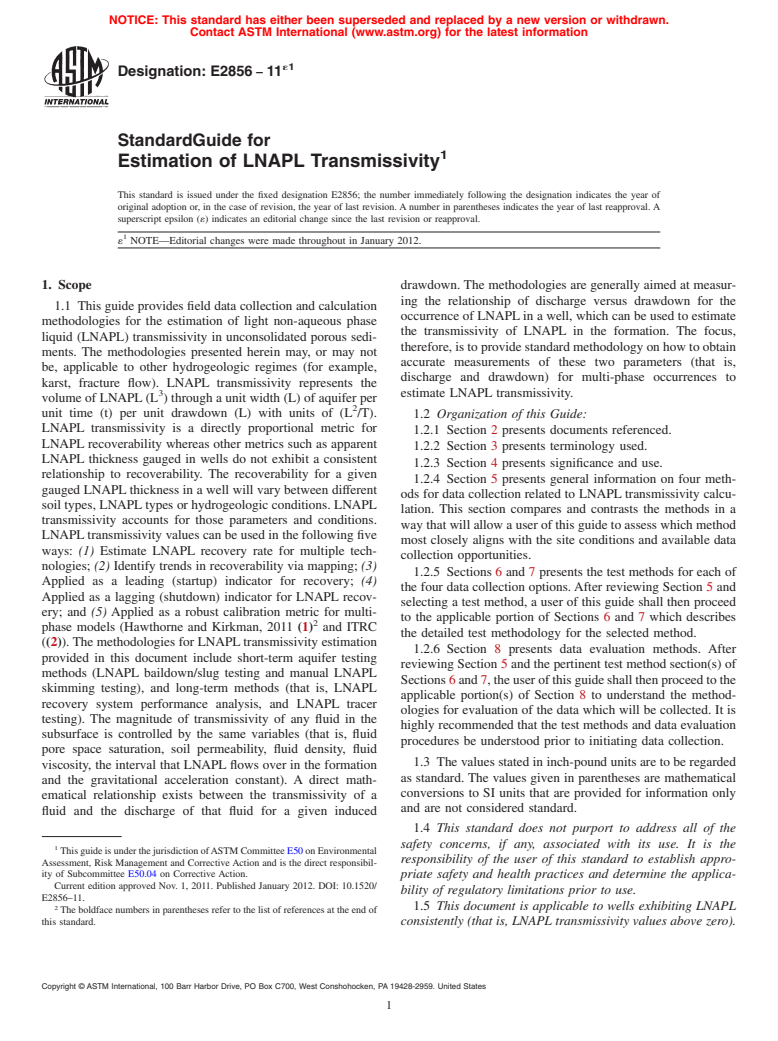 ASTM E2856-11e1 - Standard Guide for Estimation of LNAPL Transmissivity