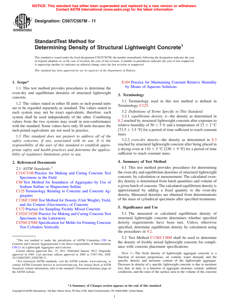 ASTM C567/C567M-11 - Standard Test Method for  Determining Density of Structural Lightweight Concrete