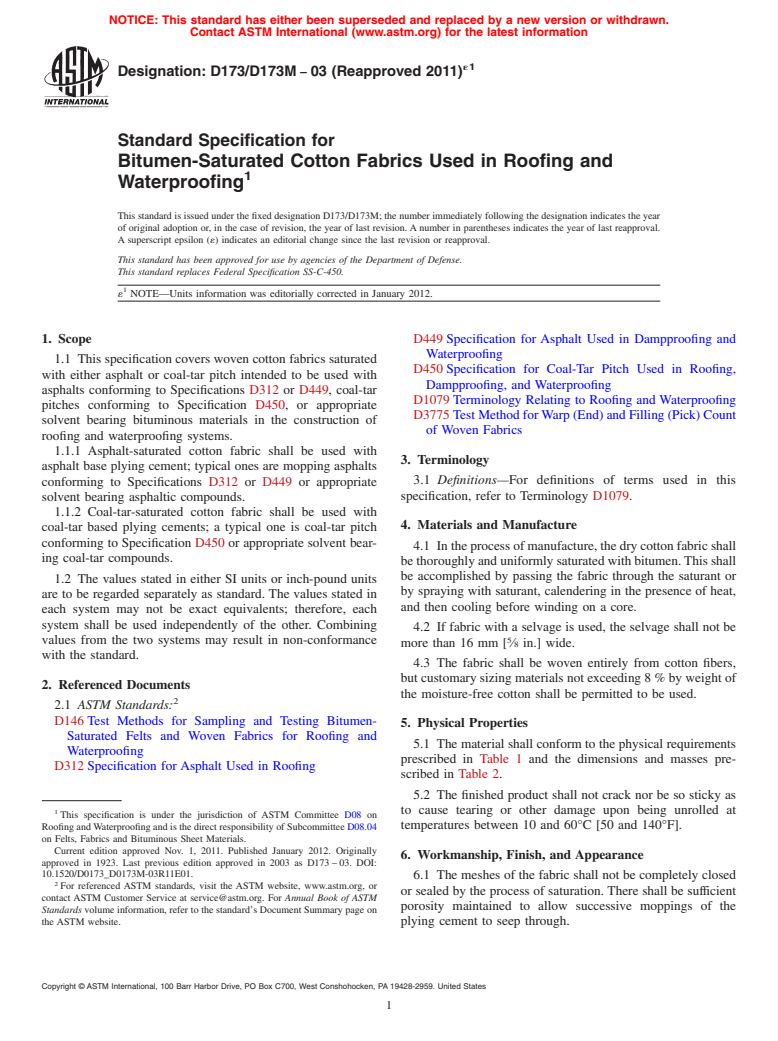 ASTM D173/D173M-03(2011)e1 - Standard Specification for Bitumen-Saturated Cotton Fabrics Used in Roofing and Waterproofing