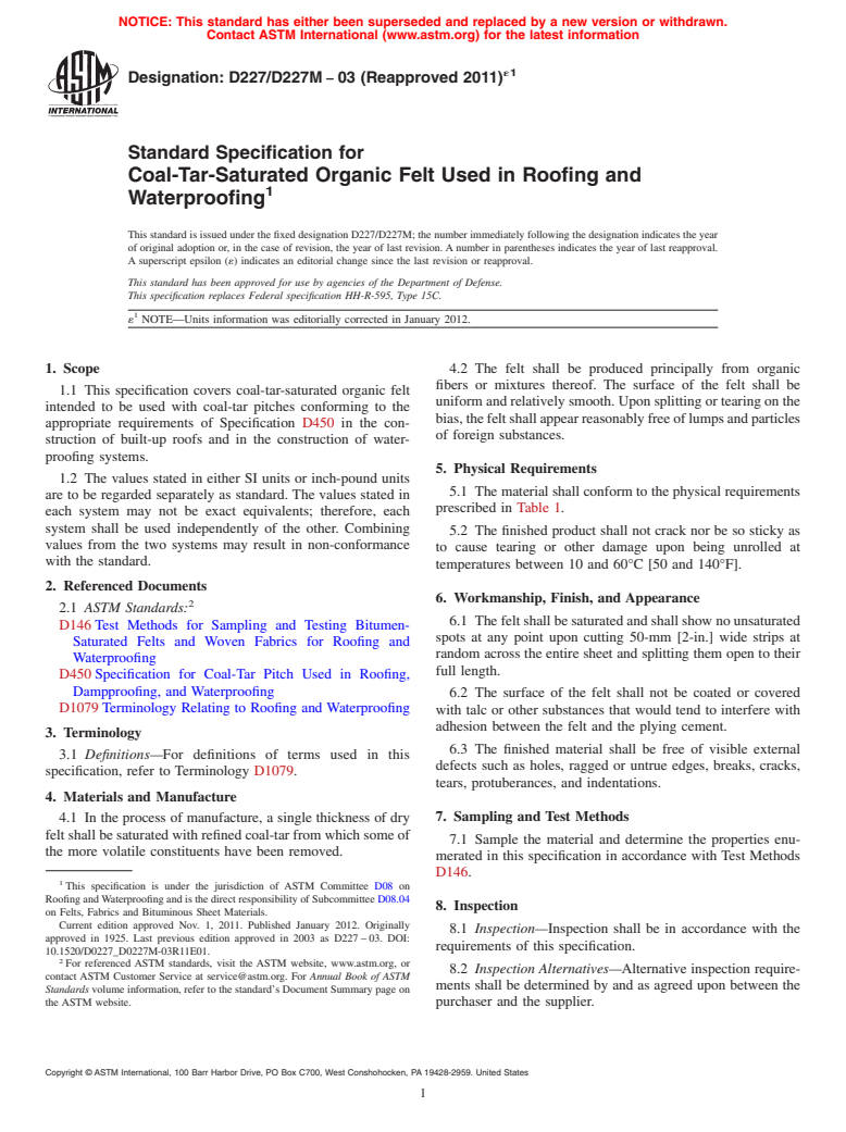 ASTM D227/D227M-03(2011)e1 - Standard Specification for Coal-Tar-Saturated Organic Felt Used in Roofing and Waterproofing