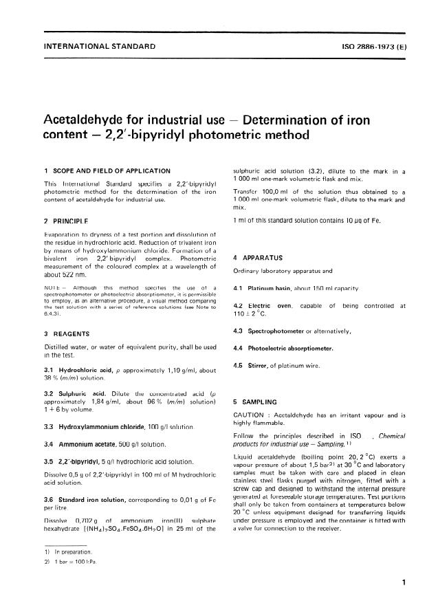 ISO 2886:1973 - Acetaldehyde for industrial use -- Determination of iron content -- 2,2'- Bipyridyl photometric method