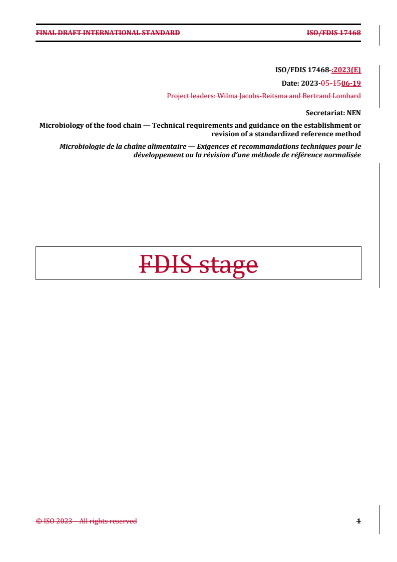 REDLINE ISO 17468 - Microbiology of the food chain — Technical requirements and guidance on the establishment or revision of a standardized reference method
Released:19. 06. 2023