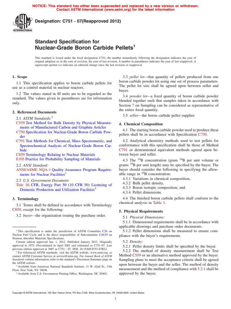 ASTM C751-07(2012) - Standard Specification for  Nuclear-Grade Boron Carbide Pellets