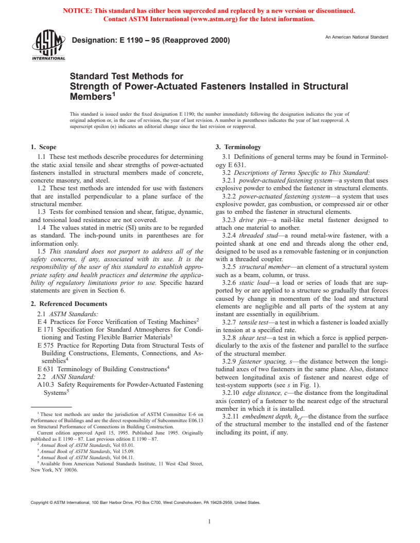 ASTM E1190-95(2000) - Standard Test Methods for Strength of Power-Actuated Fasteners Installed in Structural Members