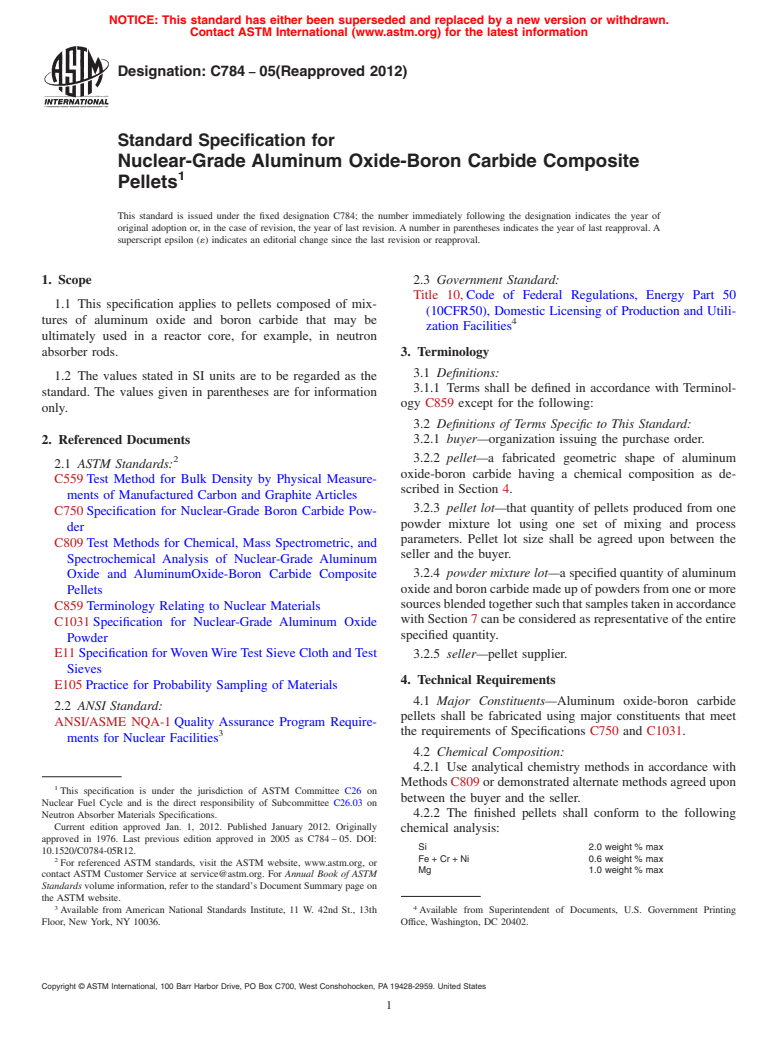 ASTM C784-05(2012) - Standard Specification for  Nuclear-Grade Aluminum Oxide-Boron Carbide Composite Pellets