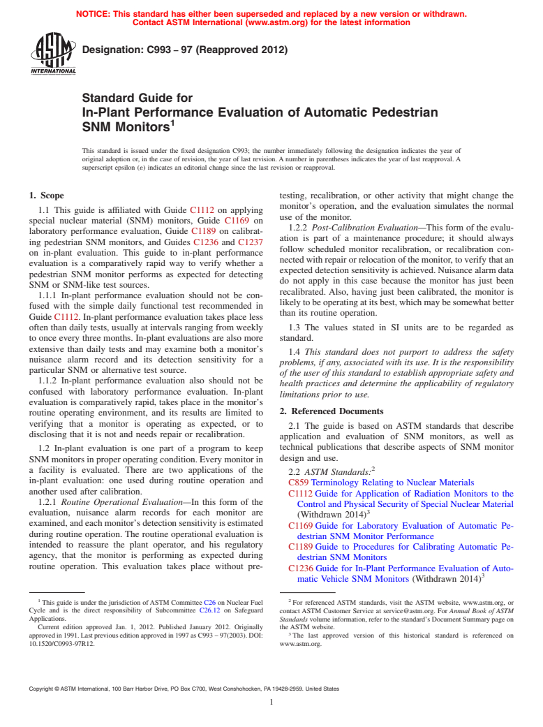 ASTM C993-97(2012) - Standard Guide for  In-Plant Performance Evaluation of Automatic Pedestrian SNM Monitors  (Withdrawn 2021)