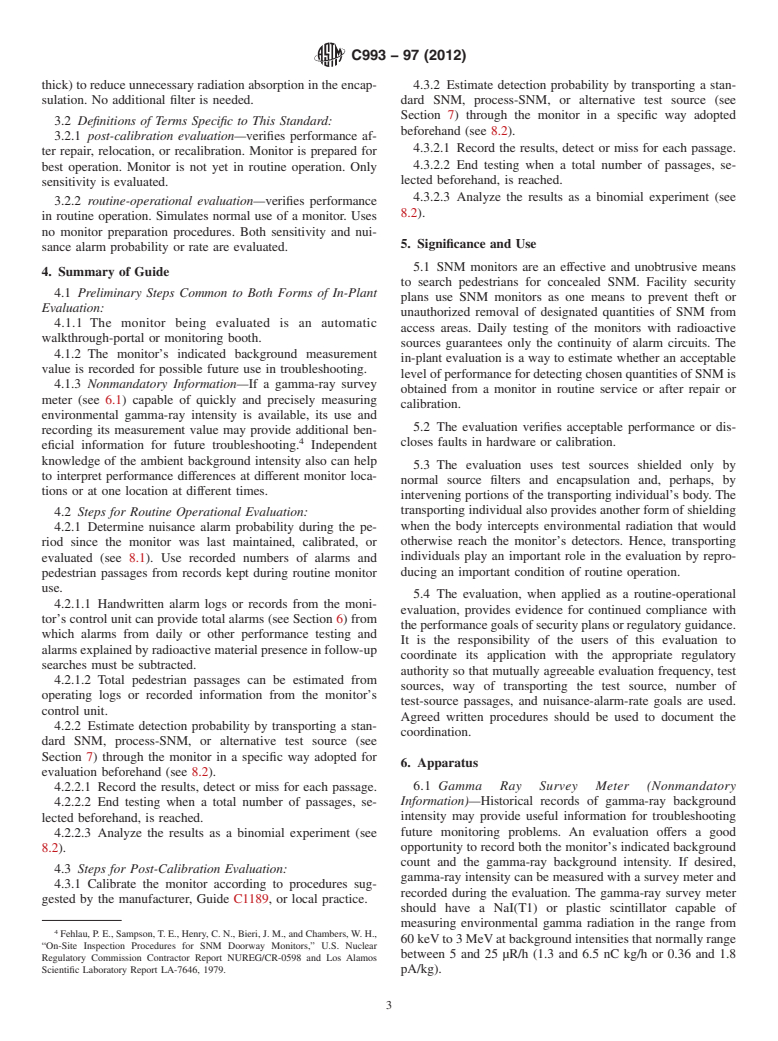 ASTM C993-97(2012) - Standard Guide for  In-Plant Performance Evaluation of Automatic Pedestrian SNM Monitors  (Withdrawn 2021)