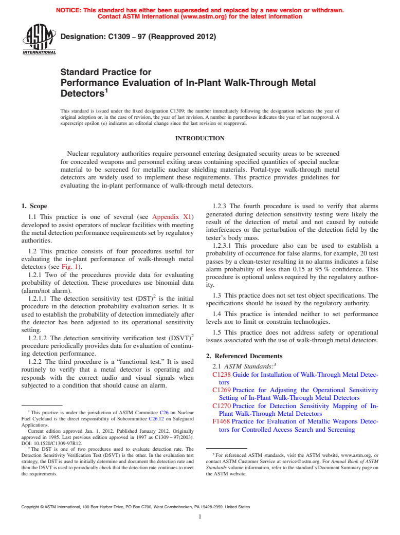 ASTM C1309-97(2012) - Standard Practice for  Performance Evaluation of In-Plant Walk-Through Metal Detectors