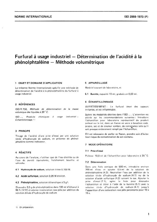 ISO 2888:1973 - Furfural a usage industriel -- Détermination de l'acidité a la phénolphtaléine -- Méthode volumétrique
