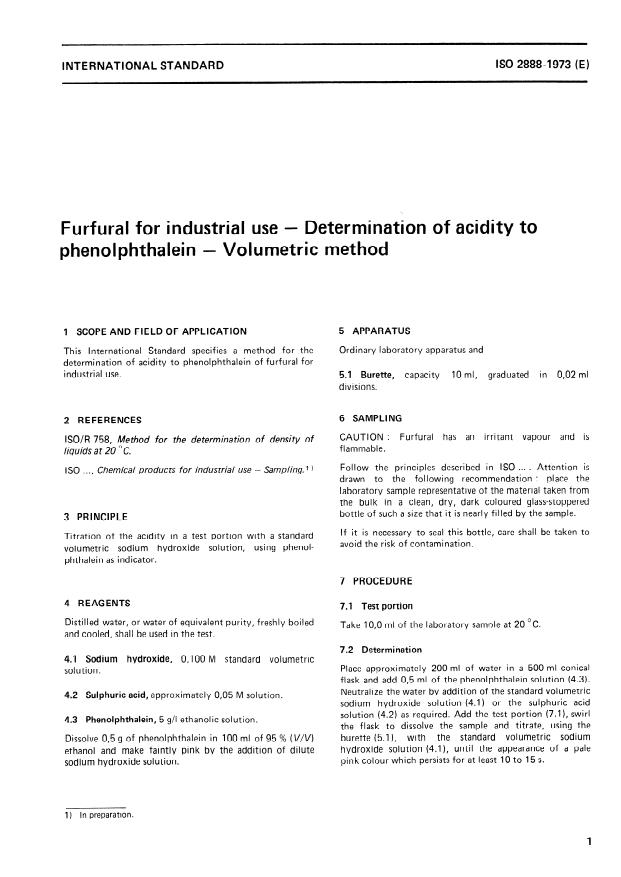 ISO 2888:1973 - Furfural for industrial use -- Determination of acidity to phenolphthalein -- Volumetric method
