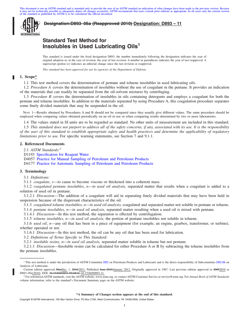 REDLINE ASTM D893-11 - Standard Test Method for Insolubles in Used Lubricating Oils