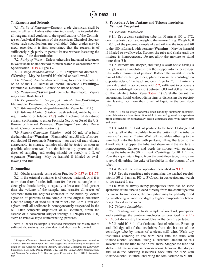 ASTM D893-11 - Standard Test Method for Insolubles in Used Lubricating Oils