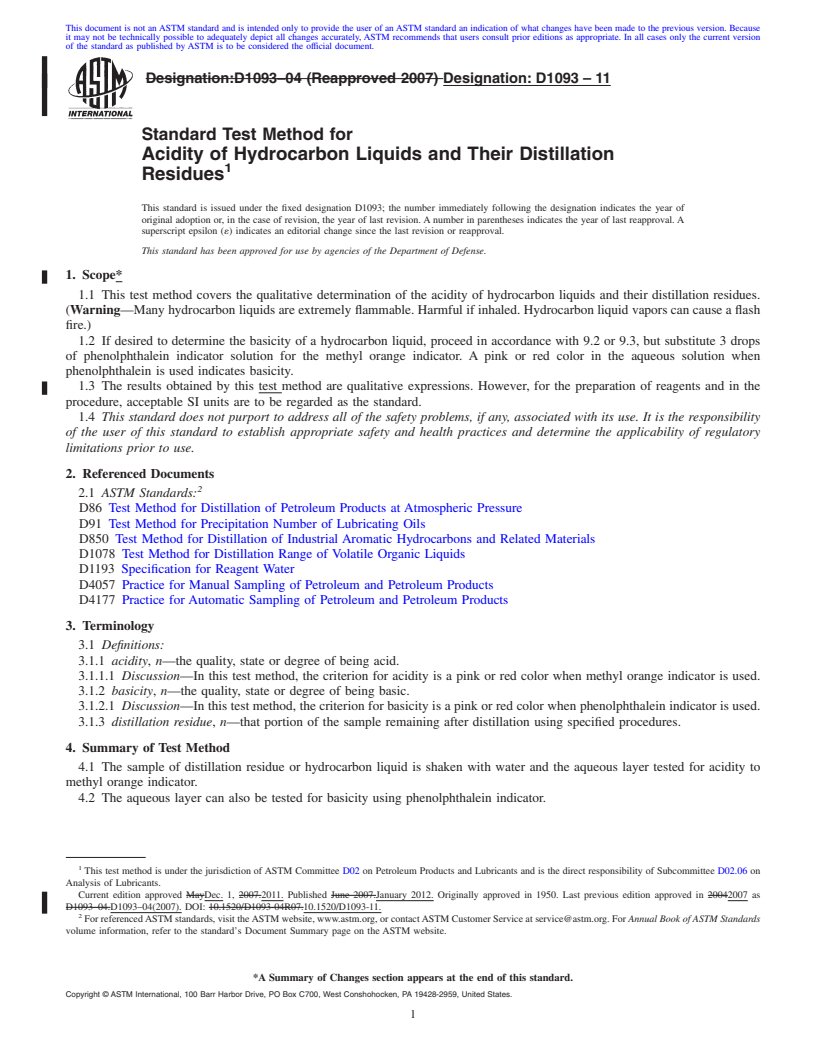 REDLINE ASTM D1093-11 - Standard Test Method for Acidity of Hydrocarbon Liquids and Their Distillation Residues