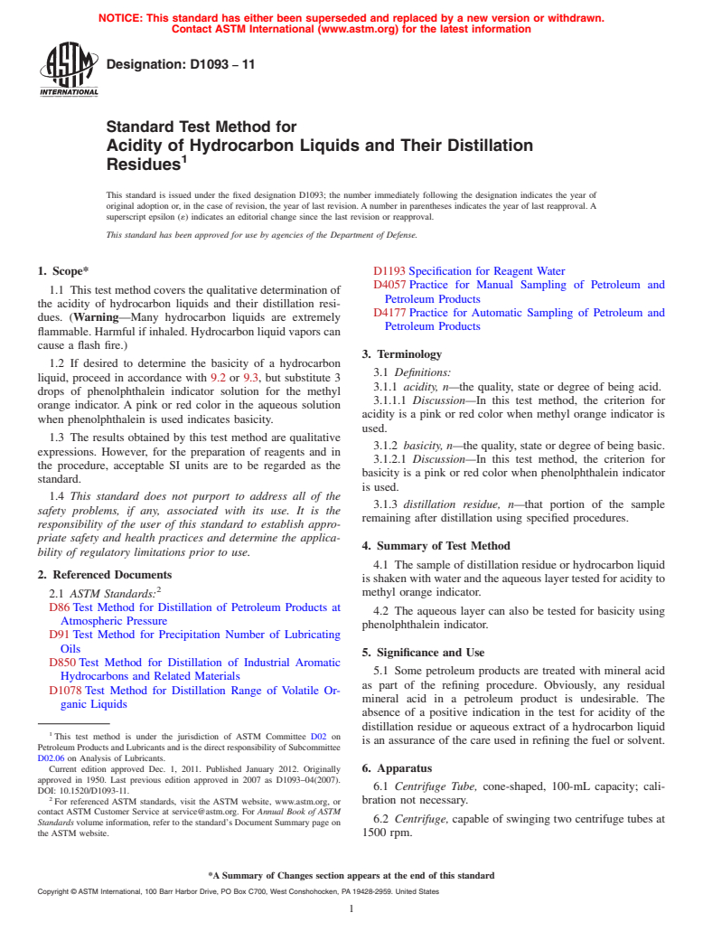 ASTM D1093-11 - Standard Test Method for Acidity of Hydrocarbon Liquids and Their Distillation Residues