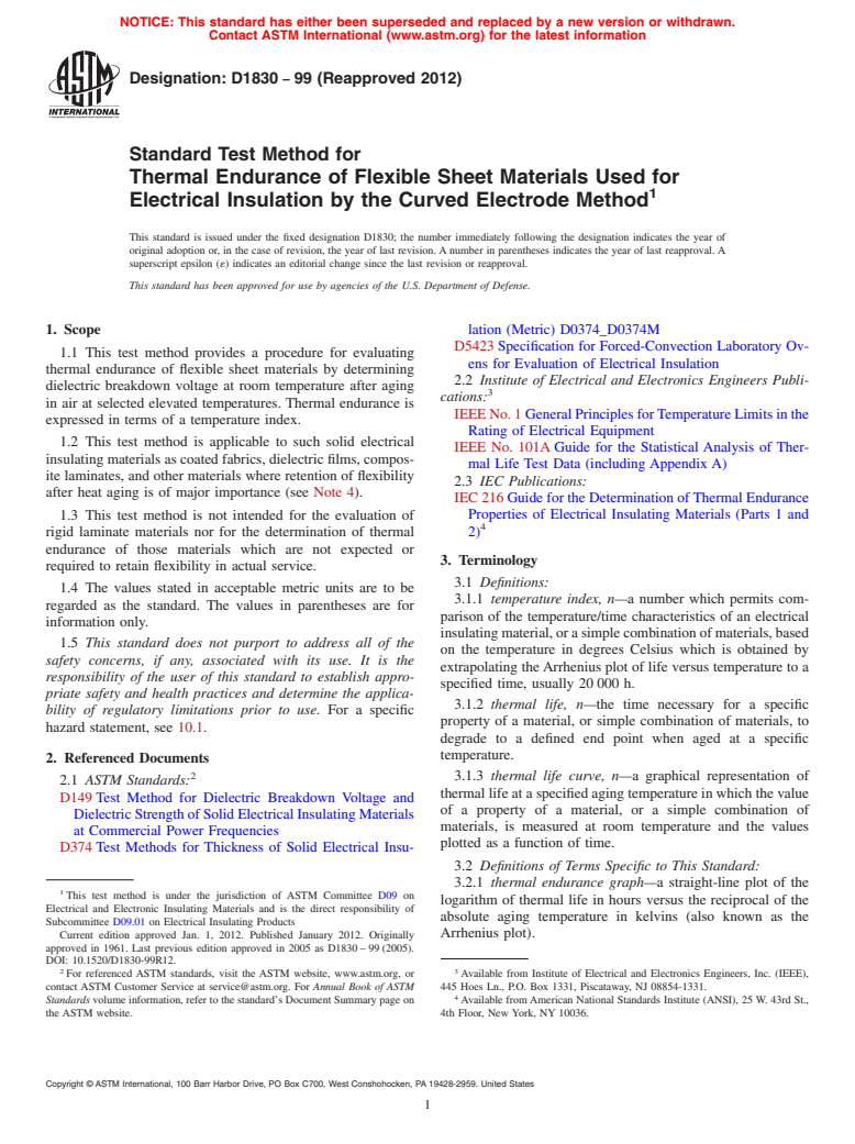 ASTM D1830-99(2012) - Standard Test Method for  Thermal Endurance of Flexible Sheet Materials Used for Electrical Insulation by the Curved Electrode Method