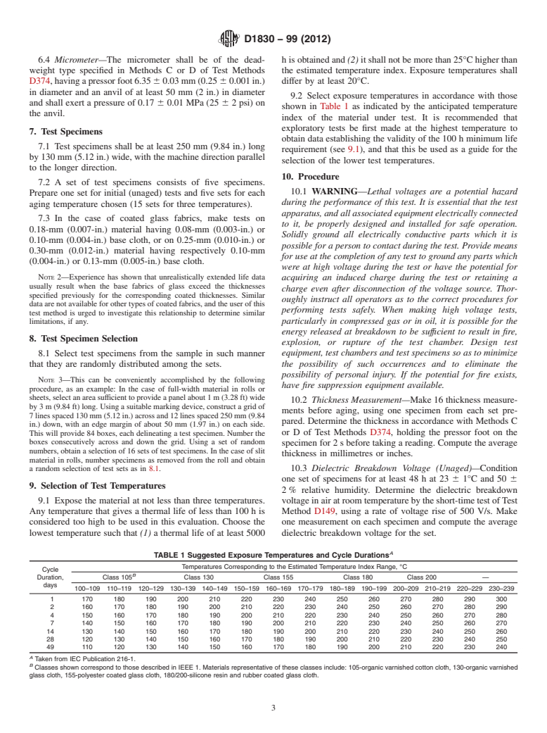 ASTM D1830-99(2012) - Standard Test Method for  Thermal Endurance of Flexible Sheet Materials Used for Electrical Insulation by the Curved Electrode Method