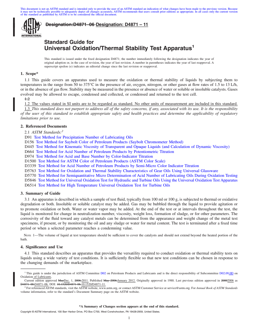 REDLINE ASTM D4871-11 - Standard Guide for Universal Oxidation/Thermal Stability Test Apparatus