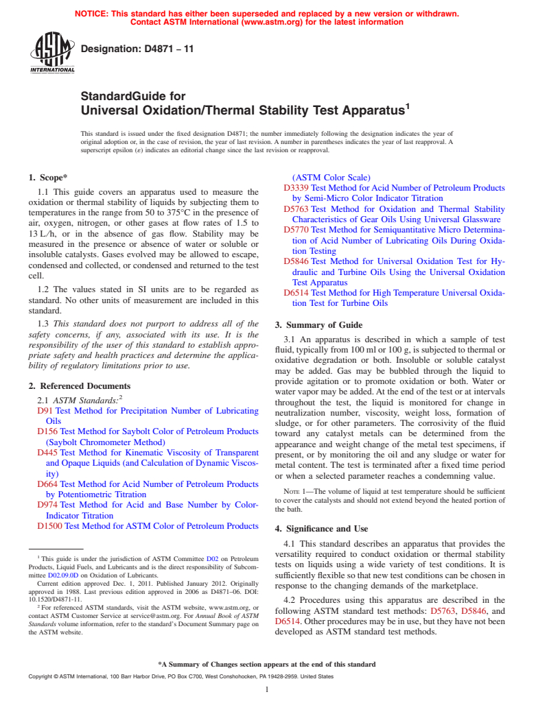 ASTM D4871-11 - Standard Guide for Universal Oxidation/Thermal Stability Test Apparatus