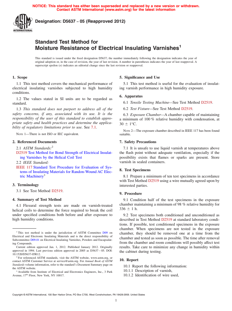 ASTM D5637-05(2012) - Standard Test Method for  Moisture Resistance of Electrical Insulating Varnishes