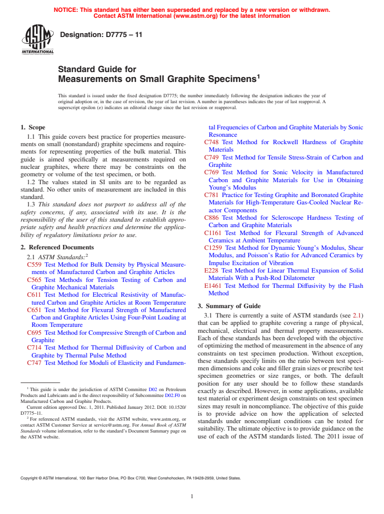 ASTM D7775-11 - Standard Guide for Measurements on Small Graphite Specimens