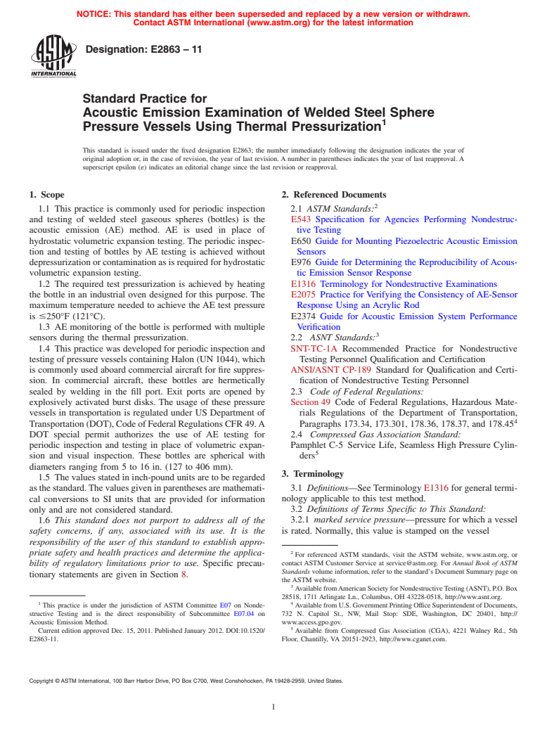 ASTM E2863-11 - Standard Practice for Acoustic Emission Examination of Welded Steel Sphere Pressure Vessels Using Thermal Pressurization