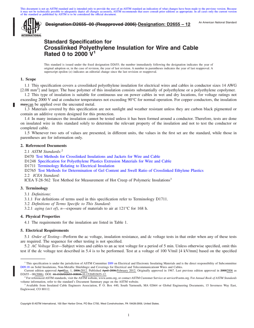 REDLINE ASTM D2655-12 - Standard Specification for  Crosslinked Polyethylene Insulation for Wire and Cable Rated 0 to 2000 V