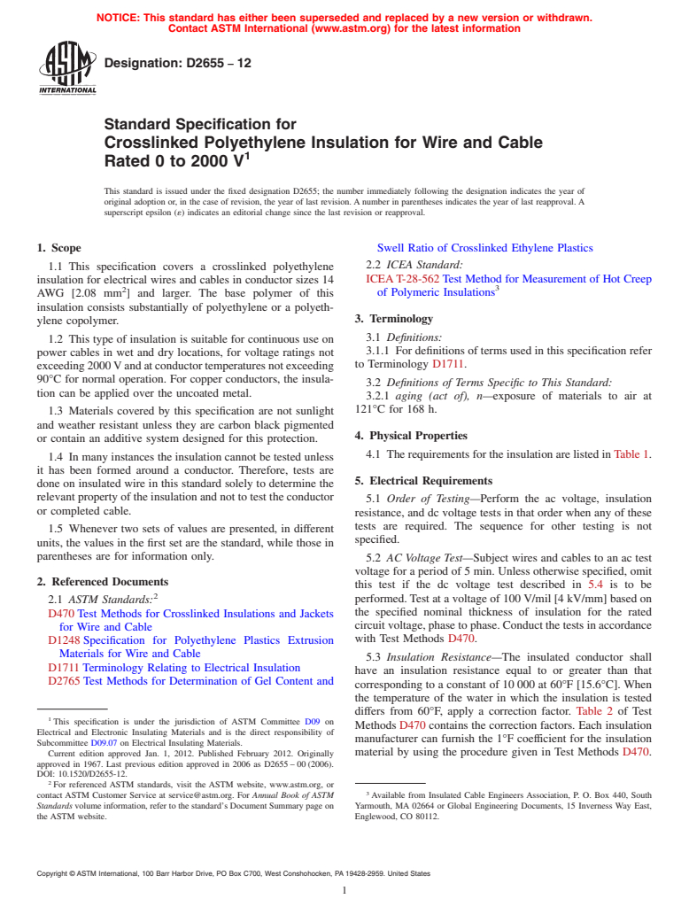 ASTM D2655-12 - Standard Specification for  Crosslinked Polyethylene Insulation for Wire and Cable Rated 0 to 2000 V