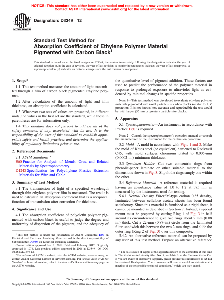 ASTM D3349-12 - Standard Test Method for  Absorption Coefficient of Ethylene Polymer Material Pigmented with Carbon Black