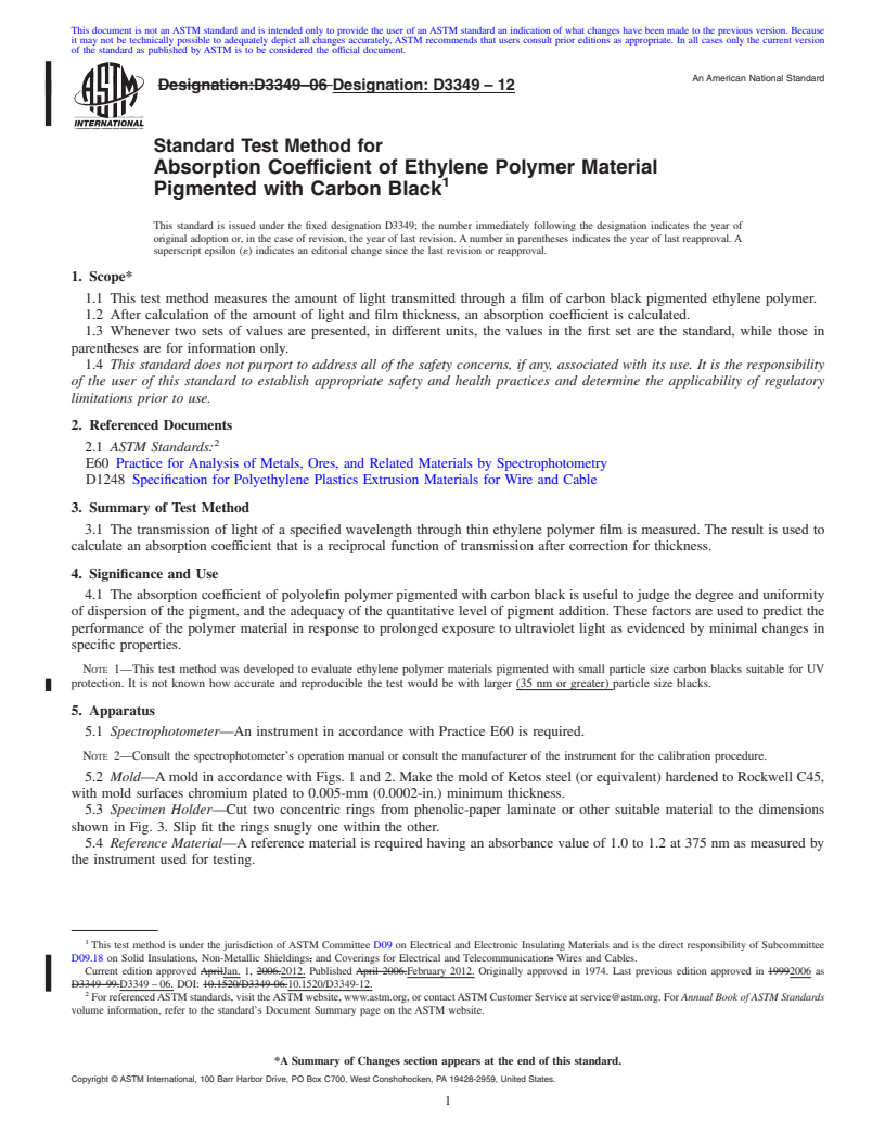 REDLINE ASTM D3349-12 - Standard Test Method for  Absorption Coefficient of Ethylene Polymer Material Pigmented with Carbon Black